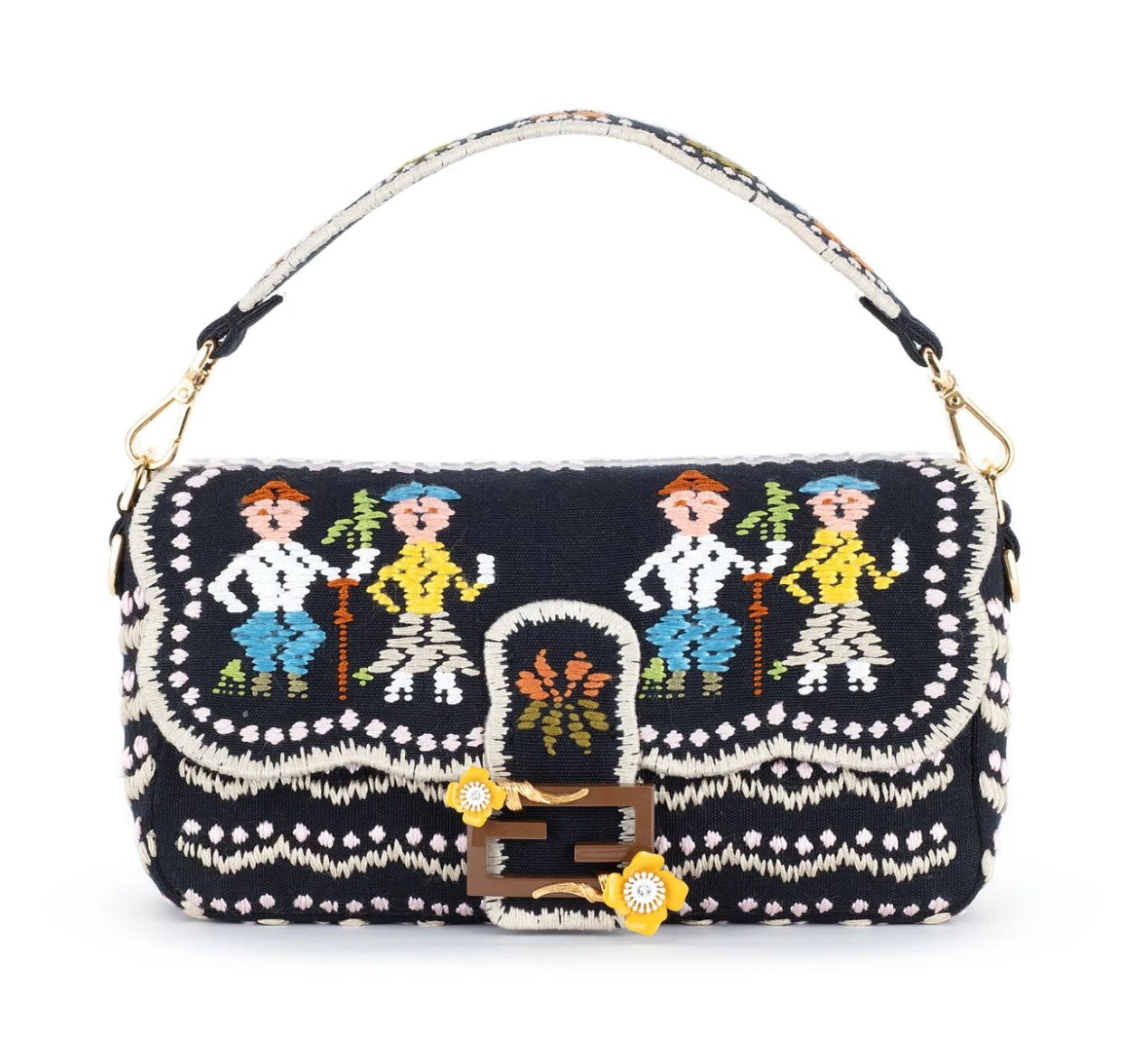 Borsa Baguette Fendi blu notte con la patta tessuta a mano: due coppie di contadini in festa, con un cero, tra bordure ondulate e puntini color avorio e rosa